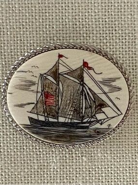 Scrimshaw Ship Pin Brooch Hand Carved Set in Sterling Silver 1.25" Twisted Trim